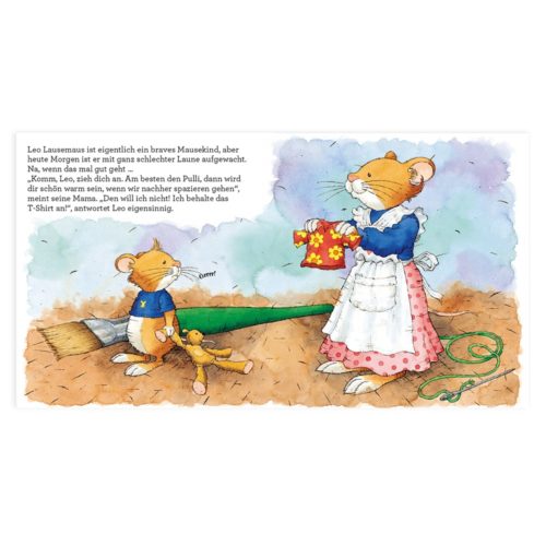Illustration von zwei Mäusen, einem Erwachsenen mit Schürze, der einen Pullover hält, und einem sitzenden Kind mit einem Spielzeug und einem Drachen.