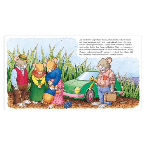 Illustration von drei Mäusen neben einem grünen Auto
