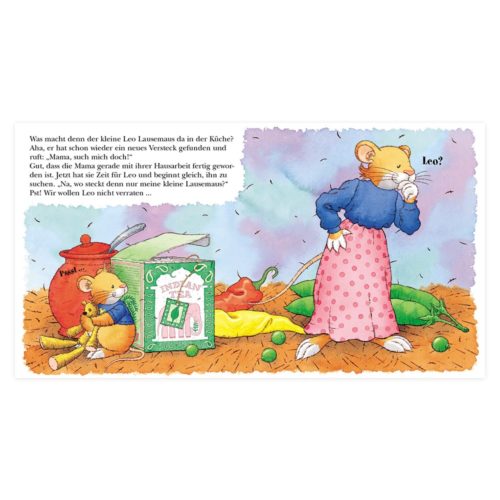 Eine Illustration von Mäusen in einer Küche mit Käse und Gemüse. Eine Maus steht, eine andere sitzt daneben. Text auf Deutsch.