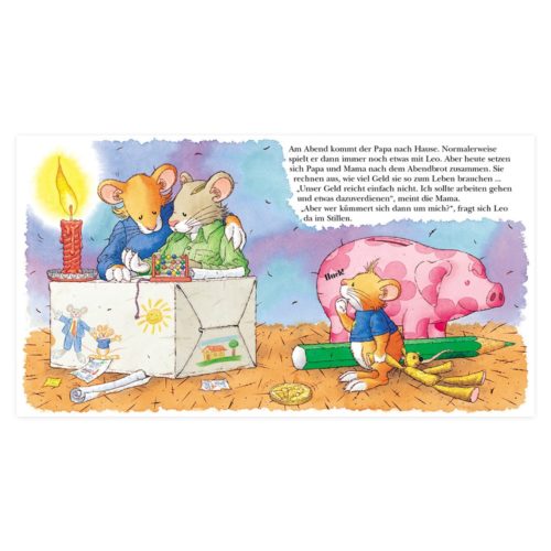 Illustration von Mäusen mit Spielzeug und Pappkartons, die in einem gemütlichen Raum zusammensitzen und lesen.