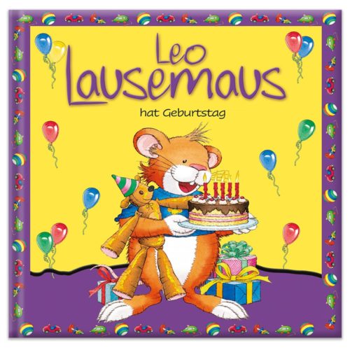Eine fröhliche Maus hält eine Geburtstagstorte, umgeben von bunten Luftballons und Geschenken auf einem farbenfrohen Buchcover.