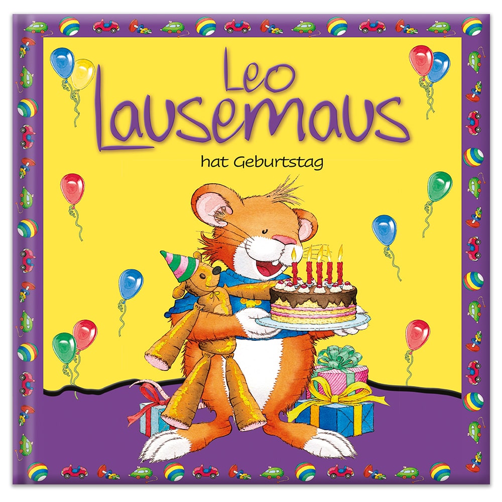 Eine fröhliche Maus hält eine Geburtstagstorte, umgeben von bunten Luftballons und Geschenken auf einem farbenfrohen Buchcover.