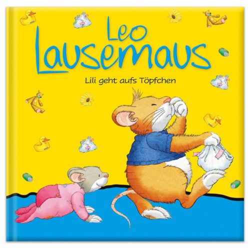 Farbenfroher Kinderbucheinband mit zwei Mäusen, von denen eine mit einem kleinen Säckchen läuft, mit dem Titel „Leo Lausemäus“.