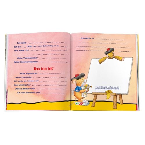 Ein Beschäftigungsbuch für Kinder mit Bärenillustrationen und Lückentexten zu persönlichen Angaben.