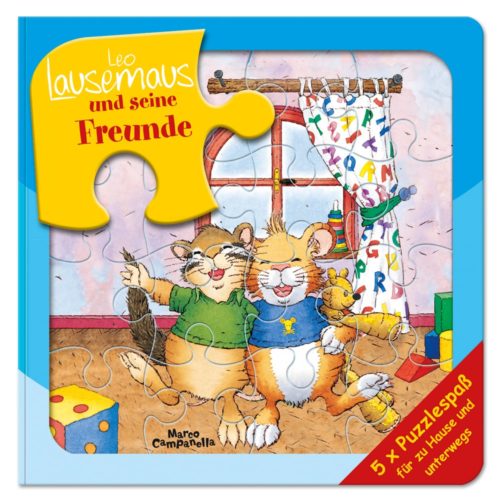 Kinder-Puzzle-Buchcover mit Cartoon-Mäusen in einem gemütlichen Zimmer, mit dem Titel „Leo Lausemaus und seine Freunde“.