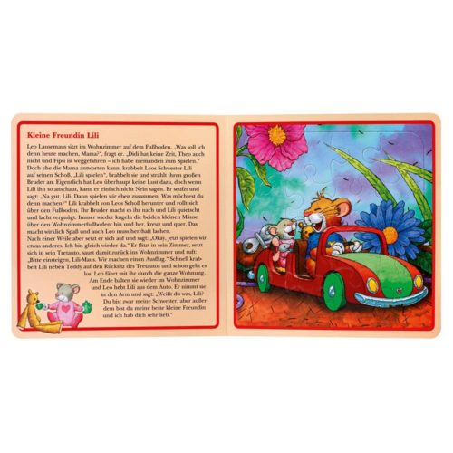 Kinderbuchseite mit einer Geschichte auf Deutsch und einer Illustration von Mäusen in einem roten Auto zwischen Blumen.