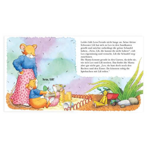 Illustration einer Kindergeschichte mit zwei Mäusen und einem Mauselternteil in einem Garten mit Spielzeug und Pflanzen.