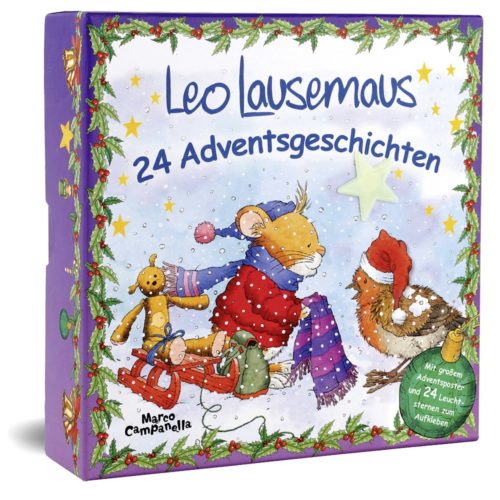 Illustriertes Weihnachtsbuchcover mit einer Maus und einem Igel in Winterkleidung, betitelt „Leo Lausemaus“.