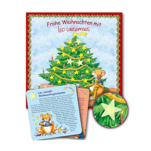 Weihnachtsbuchumschlag für Kinder mit illustrierter Maus, Weihnachtsbaum und dekorativen Karten.