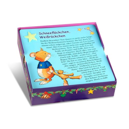 Ein farbenfrohes deutsches Kinderbuch mit der Illustration einer Maus, die vor blauem Hintergrund einen Teddybär hält.