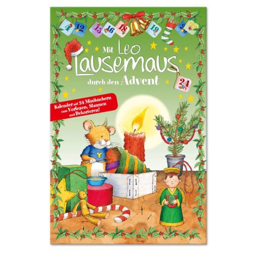 Illustrierter Adventskalender mit Maus, Kerze, Geschenken und Baum, betitelt „Mit Leo Lausemaus durch den Advent“.