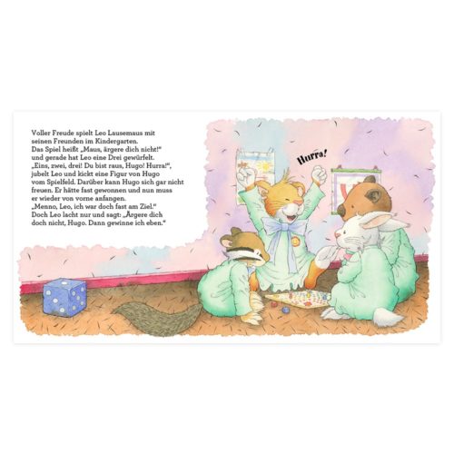 Illustration einer Maus und tierischer Freunde, die drinnen ein Brettspiel spielen, mit bunter Kleidung und Würfeln.