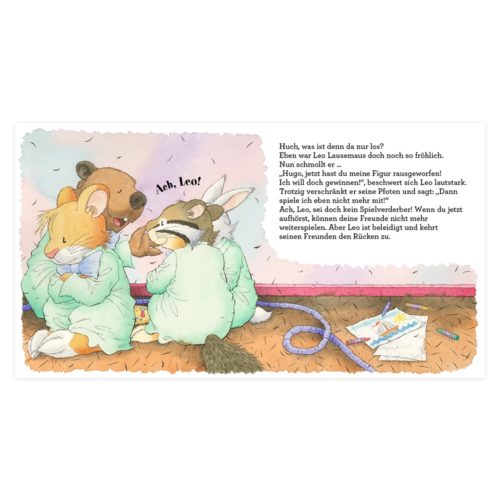 Illustration von drei Tieren im Pyjama, eines weint. Eine Taschentuchbox steht auf dem Boden in einem gemütlichen Zimmer. Deutscher Text vorhanden.