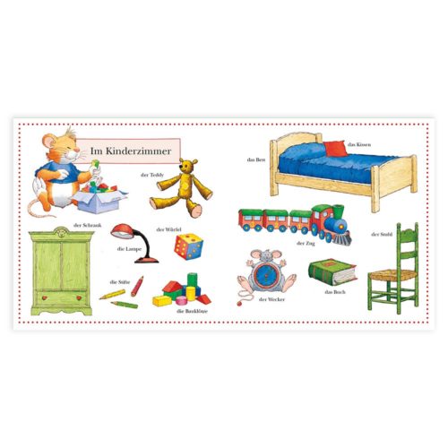 Illustriertes Vokabelposter eines Kinderzimmers mit beschrifteten Gegenständen auf Deutsch, darunter Spielzeug und Möbel.