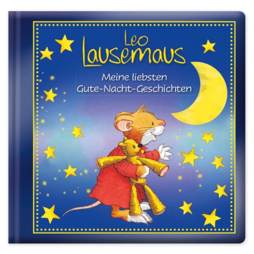 Eine Maus im Pyjama, die einen Teddybär hält, unter Sternen und einer Mondsichel, mit dem Titel „Leo Lausemaus“.