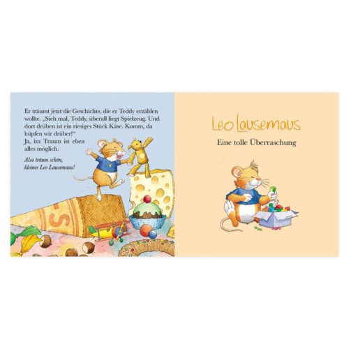 Illustration von Mäusen, die mit Spielzeug und Käse spielen, in einem Buch mit dem Titel „Leo Lausemaus: Eine tolle Überraschung.