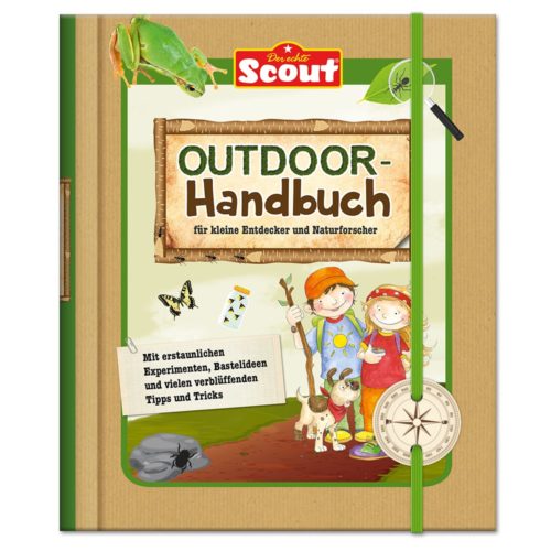 Outdoor-Handbuch für Kinder mit Naturillustrationen, unter anderem einem Frosch und Schmetterlingen, auf dem Cover.