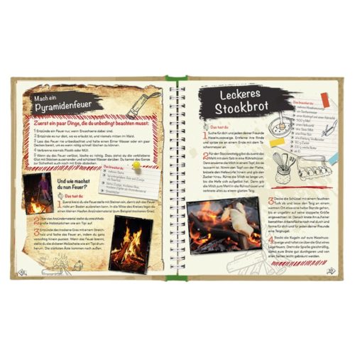 Offenes Buch mit Anleitung zur Herstellung einer Feuerpyramide und Stockbrot, illustriert mit Text und Bildern.