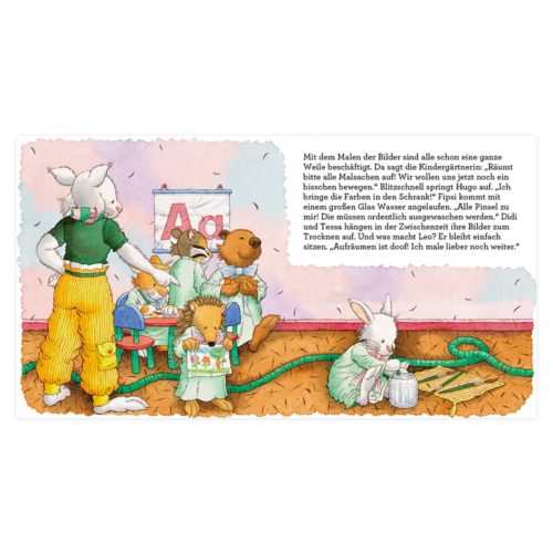 Kinderbuchillustration mit Tiermalerei, einem Kaninchen beim Bürsten, und deutschem Text auf der rechten Seite.