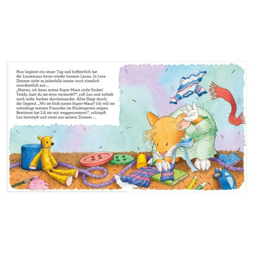 Eine Comic-Katze räumt ein unordentliches Zimmer auf, umgeben von Spielzeug und Kleidung. Ein Teddy sitzt daneben. Text auf Deutsch oben.