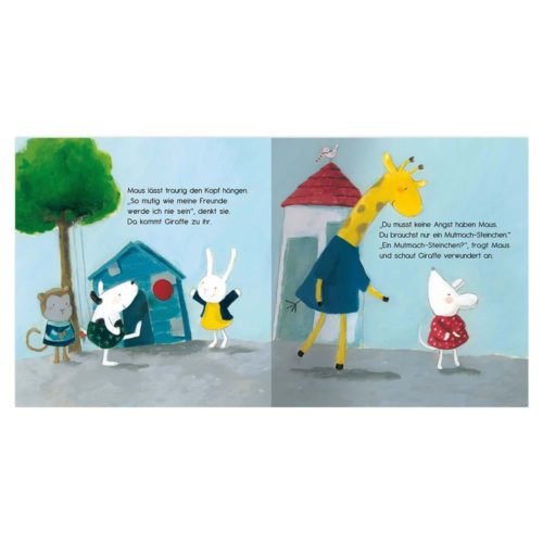 Kinderbuchillustration mit sprechenden Tieren neben einem kleinen Haus und einem Baum. Text auf Deutsch.