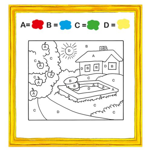 Arbeitsblatt zum Ausmalen nach Buchstaben mit einem Haus, einer Sonne, einem Baum, einem Pool und einem Pfad. Die Buchstaben A bis D entsprechen verschiedenen Farben.