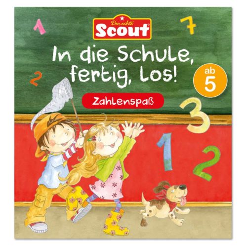 Kinder und ein Hund spielen in einer Illustration zum Thema Schule mit Zahlen.