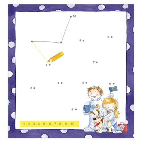 Verbinde das Punktpuzzle mit einem Bleistift, zwei Kindern und einem Hund in Weltraumkostümen.