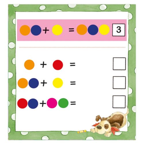 Buntes Punktadditionsarbeitsblatt mit einer kleinen Hundeillustration in der Ecke.