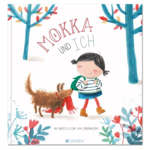 Kind geht mit einem Hund in einem verschneiten Wald spazieren. Der Titel lautet „Mokka und ich“.