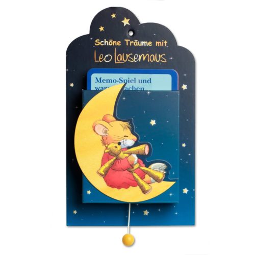 Illustrierte Maus auf dem Mond mit Teddybär und Teleskop vor Sternenhintergrund