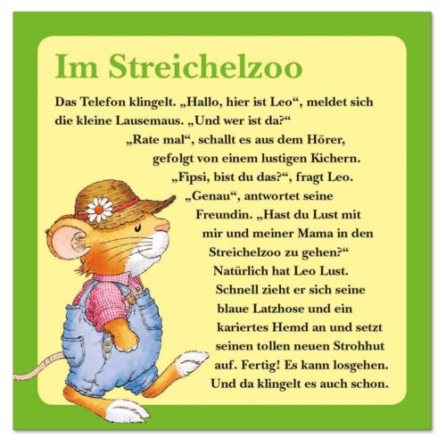 Illustration einer Maus in Overall und Strohhut mit einer auf Deutsch geschriebenen Geschichte auf grünem Hintergrund.