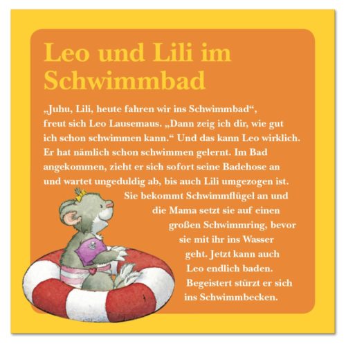 Eine Maus, die auf einem roten Schwimmring in einem Pool sitzt, mit Text über Leo und Lili im Schwimmbad.