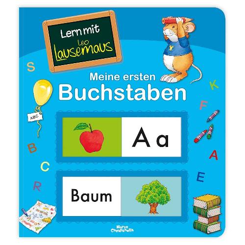 Kinderbuchcover mit Buchstaben des Alphabets, einer Mausfigur und Abbildungen eines Apfels und eines Baums.