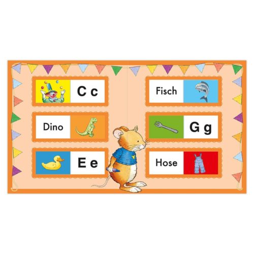 Illustriertes deutsches Alphabet-Diagramm mit Tiermotiven, den Buchstaben C, D, E und G und einer Maus.