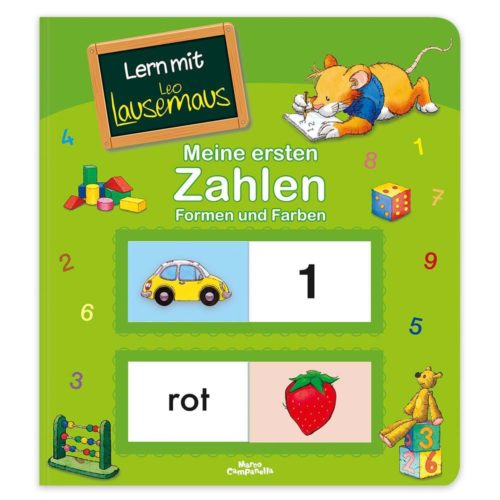 Kinderbuchcover mit einer Maus, Zahlen und bunten Illustrationen auf grünem Hintergrund.