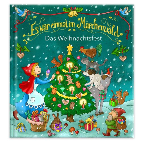Eine festliche Waldszene mit Tieren, einem Weihnachtsbaum und einem dekorierenden Mädchen mit dem Titel „Das Weihnachtsfest“.