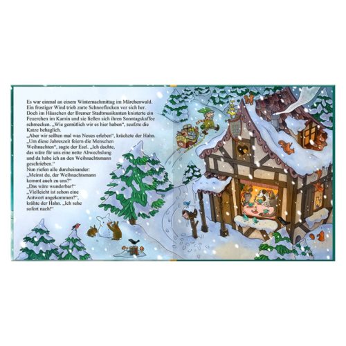 Illustration von Tieren in einem verschneiten Wald, die neben einem gemütlichen Haus, aus dem warmes Licht leuchtet, ein Buch lesen.
