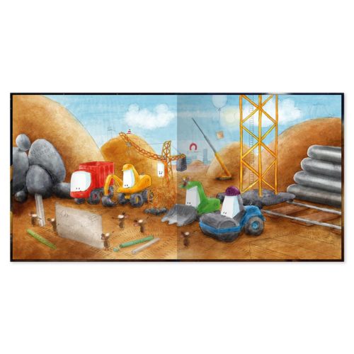 Illustration anthropomorpher Baufahrzeuge auf einer geschäftigen Baustelle mit Materialhaufen.
