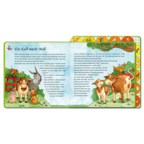 Kinderbuchseiten mit illustrierten Bauernhoftieren und einer Geschichte über ein Kalb.