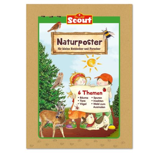 Kinder halten ein Naturposter mit Tieren, Pflanzen und Waldmotiven auf einem bunten Hintergrund.