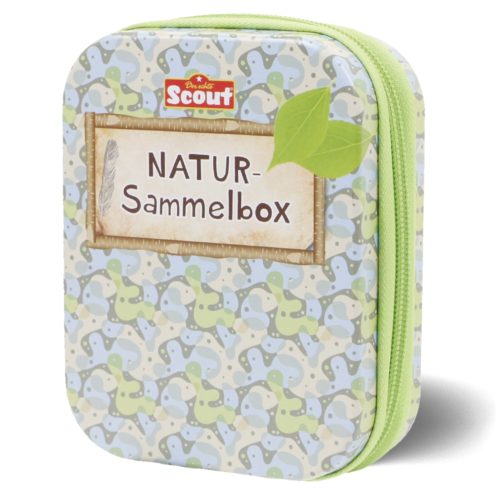 Kleine Box mit Reißverschluss und Aufschrift „Natur-Sammelbox“ mit Blättermotiv und pastellfarbenen Mustern.