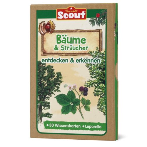 Schachtel Lernkarten „Bäume & Sträucher“ mit Baum- und Strauchillustrationen auf weißem Hintergrund.