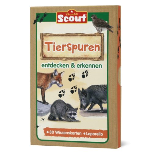 Schachtel mit Tierspurenkarten mit Abbildungen von Fuchs, Waschbär und Wildschwein. Text: „Scout“, „Tierspuren“, „entdecken & erkennen“.