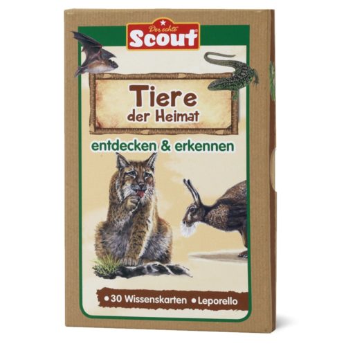 Kartenbox mit Illustrationen eines Luchses und eines Kaninchens mit Geweih. Text: „Tiere der Heimat entdecken & erkennen.