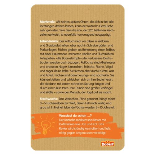 Text auf Kartonhintergrund über die Eigenschaften und Lebensweise des Fuchses in deutscher Sprache.
