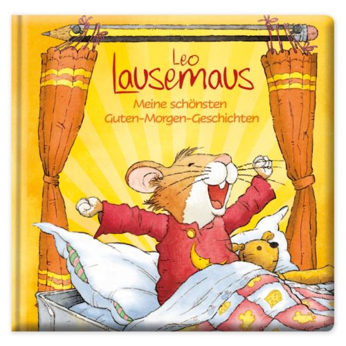 Illustrierte Maus im Pyjama, die sich im Bett unter einer leuchtend gelben Decke mit Mondmotiv streckt. Deutscher Text auf dem Cover.