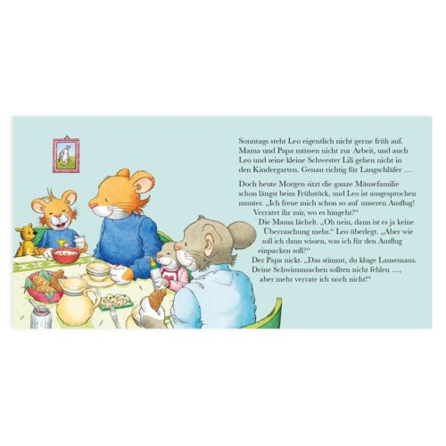 Illustration einer Mäusefamilie am Frühstückstisch, die einen Überraschungsausflug bespricht, mit Text auf Deutsch.
