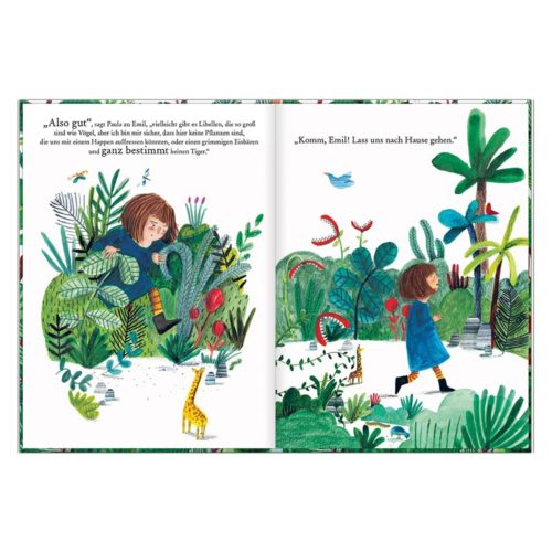Kinderbuchillustration, die ein Kind zeigt, das durch einen farbenfrohen, skurrilen Dschungel mit Pflanzen und Tieren läuft.