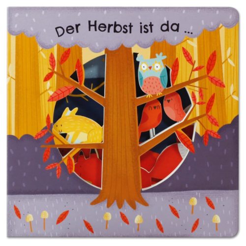 Illustration eines Baumes mit bunten Eulen, einem Kaninchen und Herbstblättern